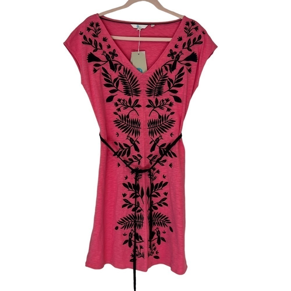 Boden Tanya Embroidered Short Sleeve Jersey Dress Pink Navy Blue - Picture 2 of 13